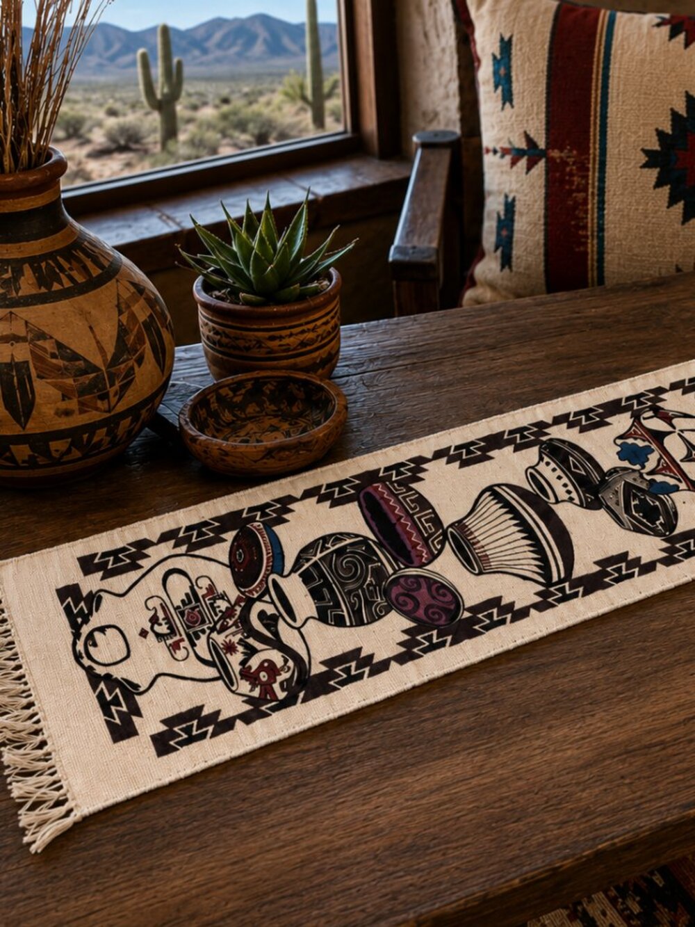 El Paso Saddle Blanket Co southwestern pottery woven table runner fringe